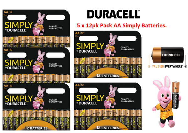 Duracell Simply AA Batteries {MN1500B12SIMPLY}  5 x Pack 12 {60 Batteries} - UK BUSINESS SUPPLIES