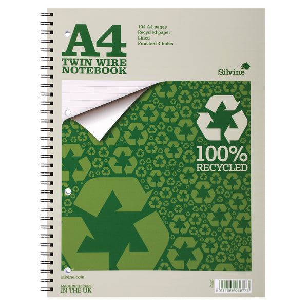 Silvine A4 Wirebound Card Cover Notebook Recycled 104 Pages Green (Pack 12) - TWRE80 - UK BUSINESS SUPPLIES