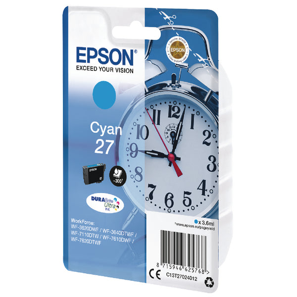 Epson 27 Alarm Clock Cyan Standard Capacity Ink Cartridge 4ml - C13T27024012 - UK BUSINESS SUPPLIES