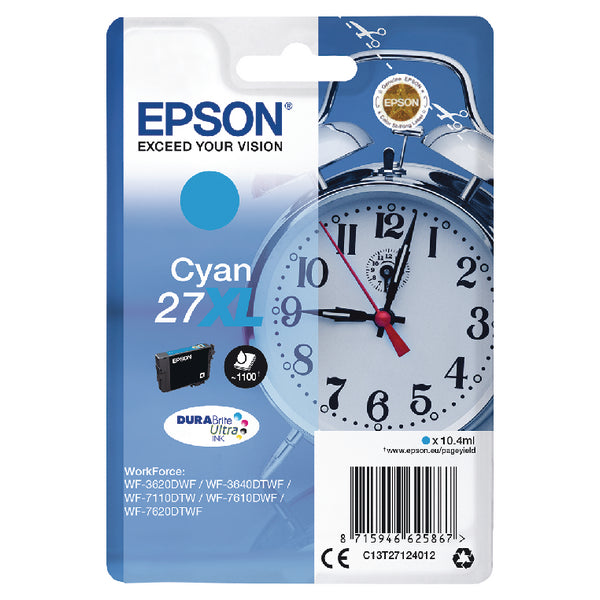 Epson 27XL Alarm Clock Cyan High Yield Ink Cartridge 10ml - C13T27124012 - UK BUSINESS SUPPLIES