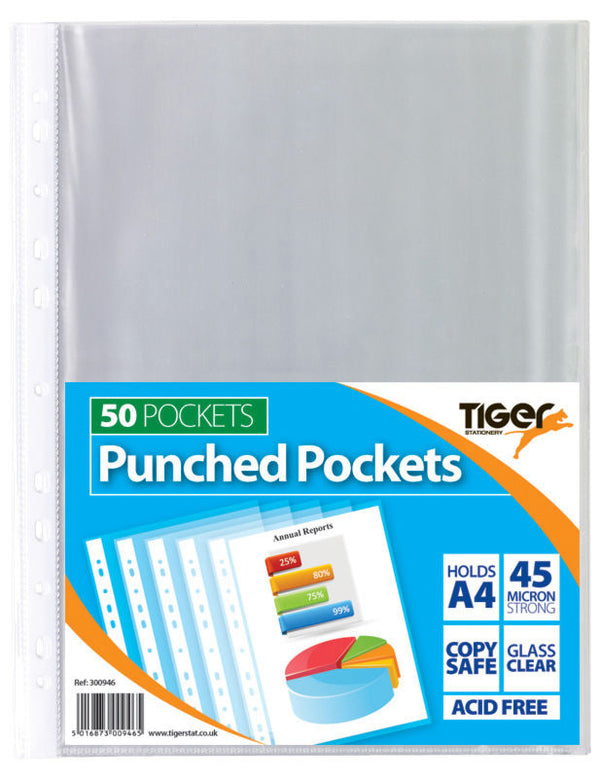 Tiger Multi Punched Pocket Polypropylene A4 45 Micron Top Opening Clear (Pack 50) - 300946 - UK BUSINESS SUPPLIES