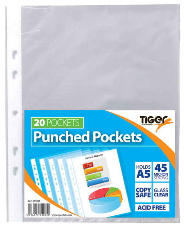 Tiger Multi Punched Pocket Polypropylene A5 45 Micron Top Opening Clear (Pack 20) - 301085 - UK BUSINESS SUPPLIES
