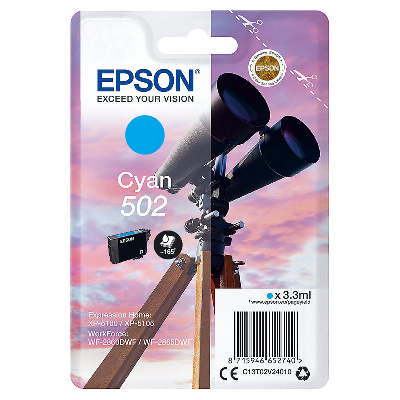 Epson 502 Binoculars Cyan Standard Capacity Ink Cartridge 3ml - C13T02V24010 - UK BUSINESS SUPPLIES