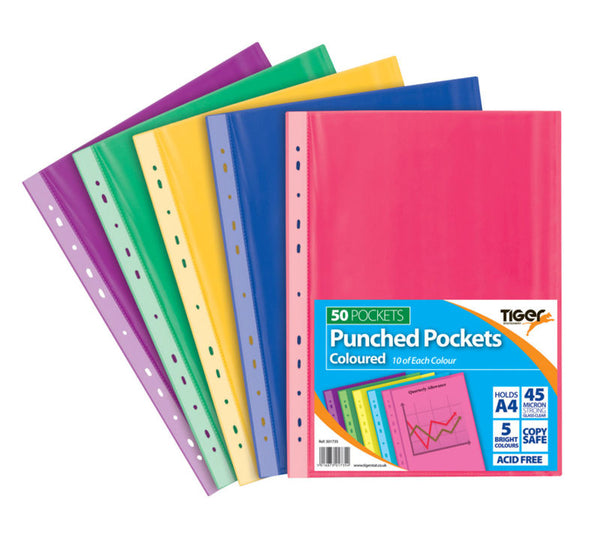 Tiger Multi Punched Pocket Polypropylene A4 45 Micron Top Opening Coloured (Pack 50) - 301735 - UK BUSINESS SUPPLIES