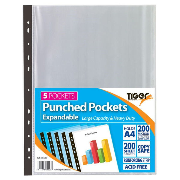 Tiger Multi Punched Expandable Pocket Polypropylene A4 150 Micron Top Opening Clear (Pack 5) - 301523 - UK BUSINESS SUPPLIES