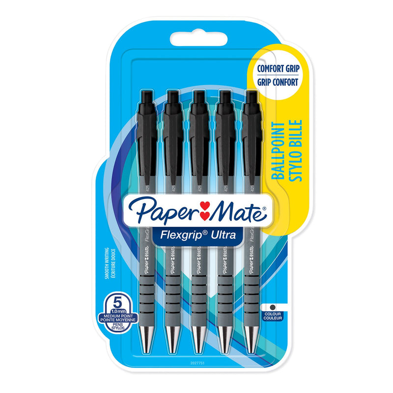 Paper Mate Flexgrip Ultra Retractable Ballpoint Pen 1.0mm Tip 0.5mm Line Black (Pack 5) - 2027751 - UK BUSINESS SUPPLIES