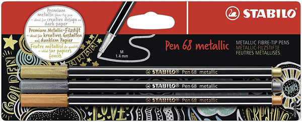 STABILO Pen 68 Metallic Fibre Tip Pen 1.4mm Line Gold/Silver/Copper (Pack 3) - B-53046-10 - UK BUSINESS SUPPLIES