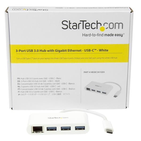 StarTech.com 3 Port USB3 Hub GbE USBC to 3xUSBA White - UK BUSINESS SUPPLIES