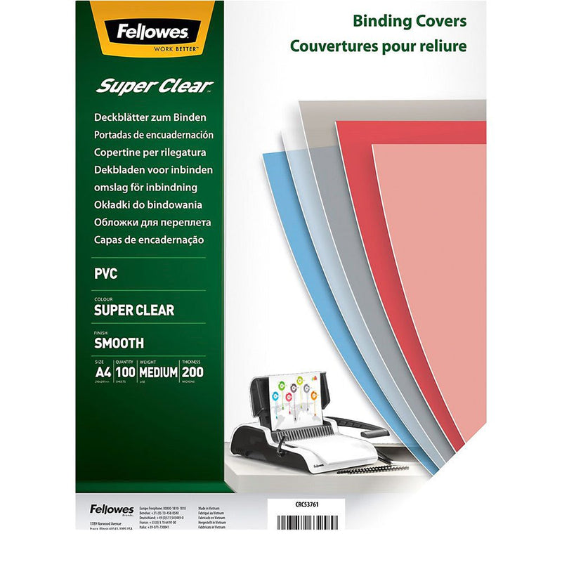 Fellowes Clear PET Binding Cover 200 micron A4 (Pack 100) 5384701 - UK BUSINESS SUPPLIES