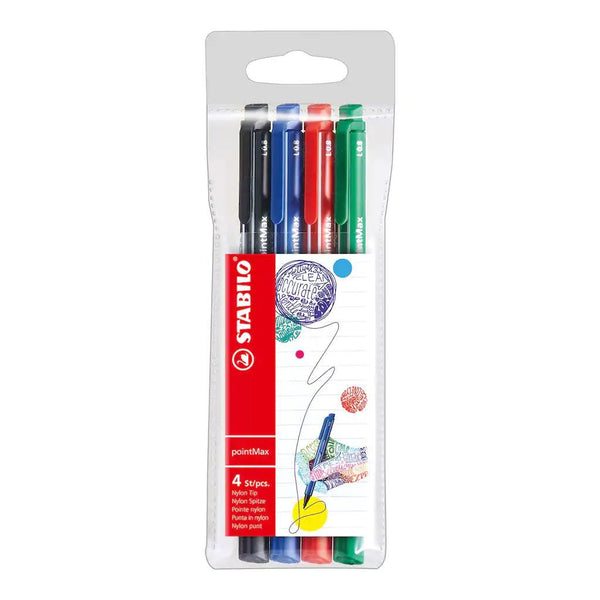 STABILO pointMax Nylon Tip Writing pen 0.4mm Line Black/Blue/Red/Green (Pack 4) 488/4 - UK BUSINESS SUPPLIES