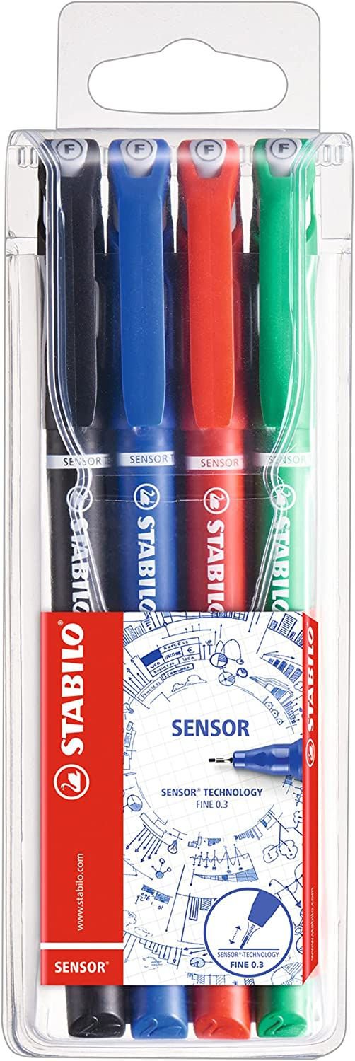 STABILO SENSOR Fineliner Pen 0.3mm Line Black/Blue/Red/Green (Wallet 4) 189/4 - UK BUSINESS SUPPLIES