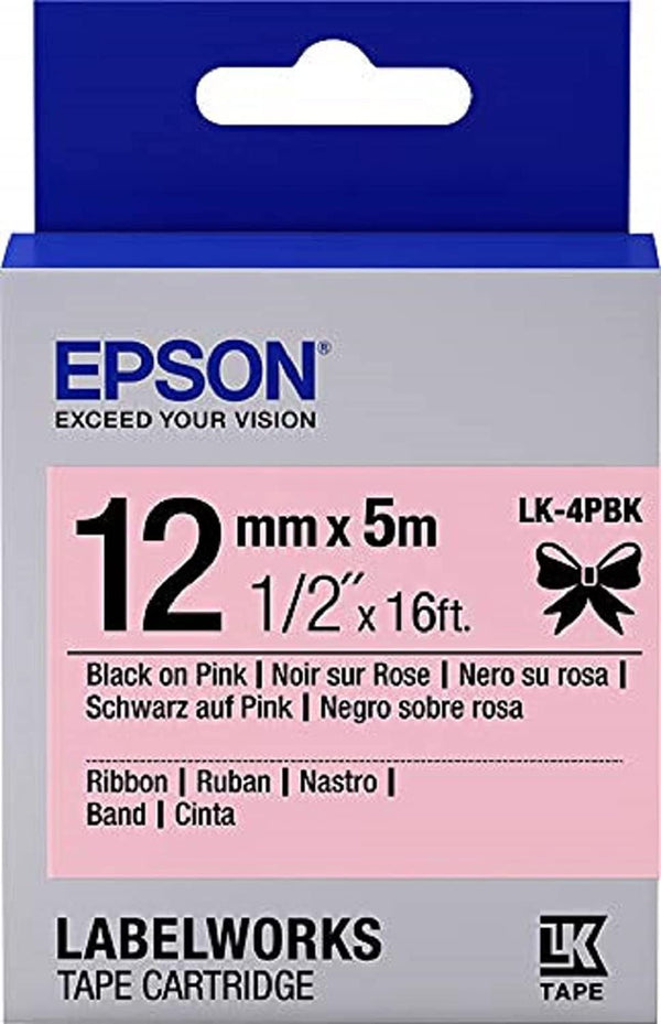 Epson LK-4PBK Black on Pink Satin Ribbon Label Cartridge 12mm x5m - C53S654031 - UK BUSINESS SUPPLIES