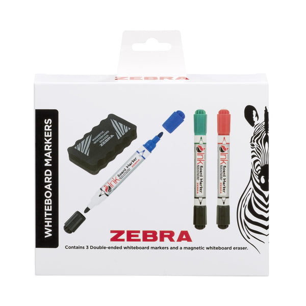 Zebra Double Ended Whiteboard Marker Assorted (Pack 3) with Magnetic Eraser 2719 - UK BUSINESS SUPPLIES