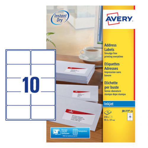 Avery J8173-25 Inkjet Addressing Labels (99.1 x 57mm) White (Pack of 250 Labels) - UK BUSINESS SUPPLIES