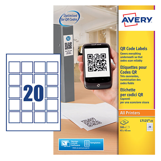 Avery QR Code Label 45x45mm 20 Per A4 Sheet White (Pack 500 Labels) - L7121-25 - UK BUSINESS SUPPLIES