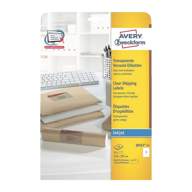 Avery Clear Inkjet Labels 210x297mm J8567-25 (Pack of 25 Labels) - UK BUSINESS SUPPLIES