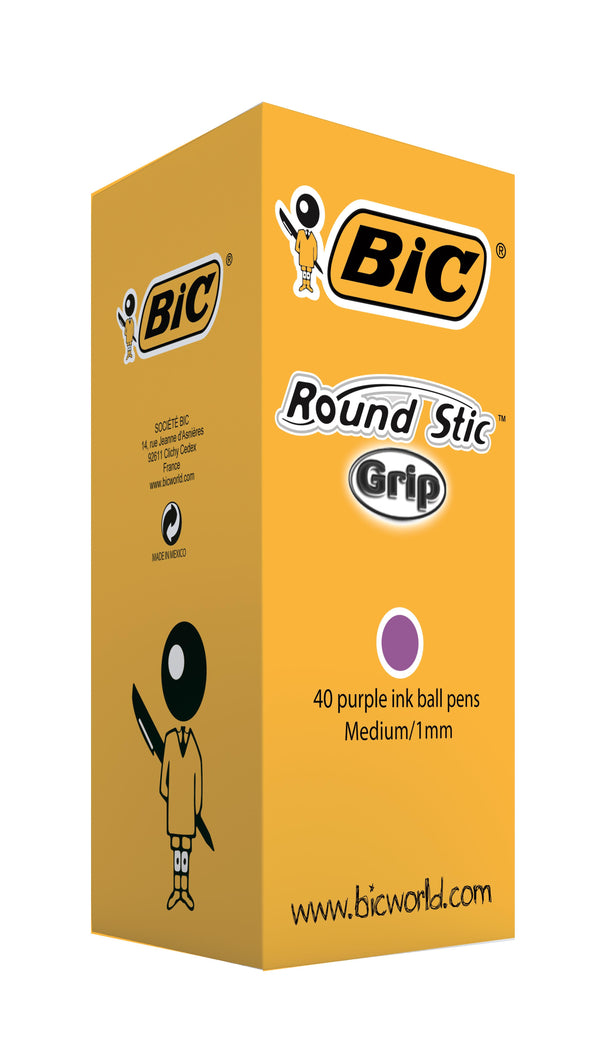 Bic Round Stic Grip Ballpoint Pen 1mm Tip 0.32mm Line Purple (Pack 40) - 920412 - UK BUSINESS SUPPLIES