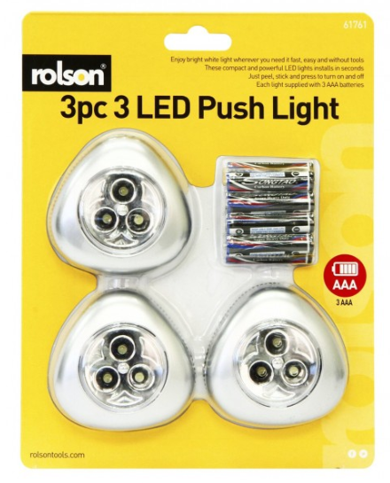 Rolson 3 Piece 3 LED Push On Lights With Batteries - UK BUSINESS SUPPLIES