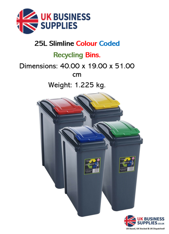 Wham 25L Slimline Recycle It Waste Plastic Recycling Bin 4 Piece Set - Red/Blue/Yellow by Wham - UK BUSINESS SUPPLIES