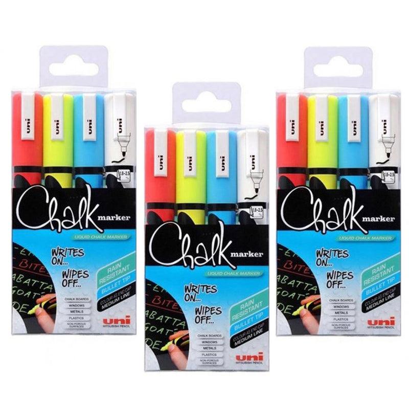 Uni Chalk Markers Medium Assorted Pack 4  1.8 - 2.5mm line width - UK BUSINESS SUPPLIES