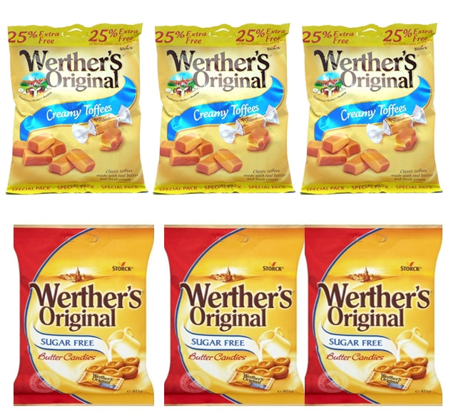 Werther's SUGAR FREE Creamy Toffee/ Butter Candies {6 Mixed OFFER, Wrapped} 6 x 80g - UK BUSINESS SUPPLIES