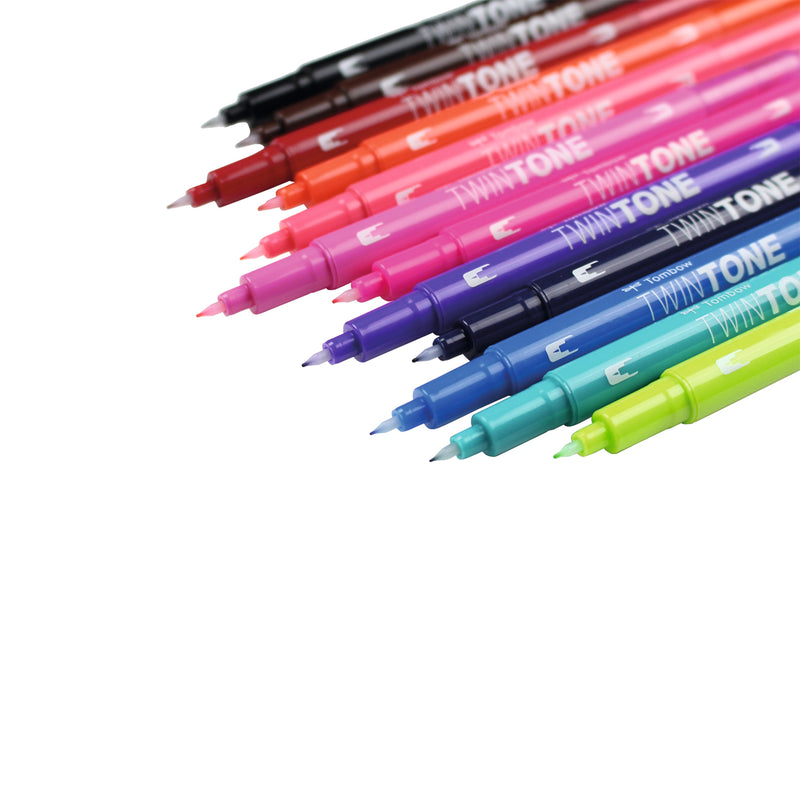 Tombow TwinTone Dual Tip Marker 0.8mm and 0.3mm Line Bright Assorted Colours (Pack 12) - WS-PK-12P-1 - UK BUSINESS SUPPLIES